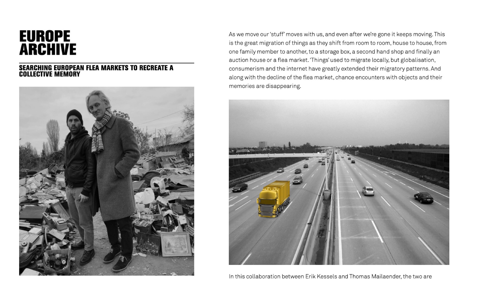 The story page: the two artists at a flea market, and the golden truck on the motorway